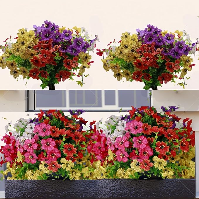 Fake Flowers UV Resistant,15 Bundles Artificial Flowers for Outdoors ，ARealistic Fake Plants for Outdoors，Hanging Baskets,Patio, Porch and Garden Decor