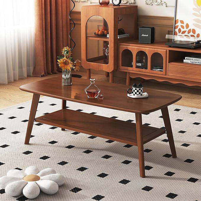 Coffee Table Small Solid Wood Center Table Mid Century Vintage Living Room Coffee Table, Walnut 39.37 Inch