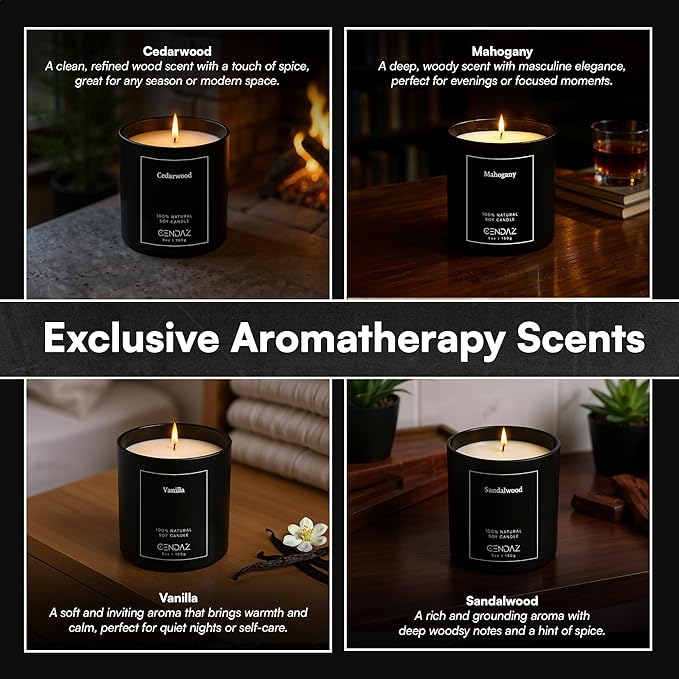 Mens Candle Set 4 Pack with Snuffer Included Soy Scented Candles for Men Vanilla Cedarwood Mahogany Sandalwood 120h Total Burn Luxury Gift for Bedroom Black Home Decor Masculine Aroma Jar Candle Kit