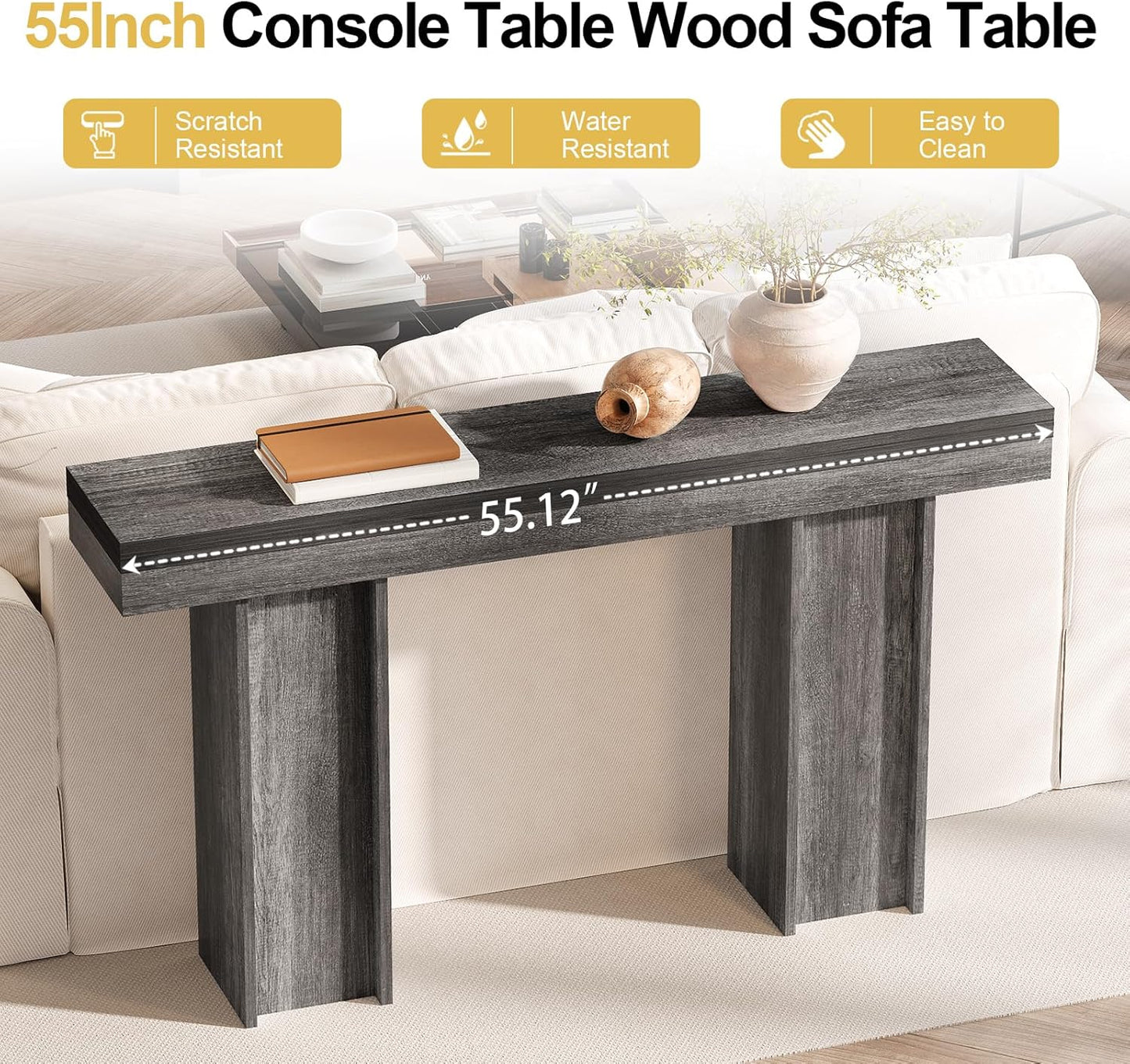 55Inch Farmhouse Console Table,Wooden Rectangular Sofa Table Behind The Couch,Entryway Console Table with Storage for Living Room, Hallway,Entrance (Grey)