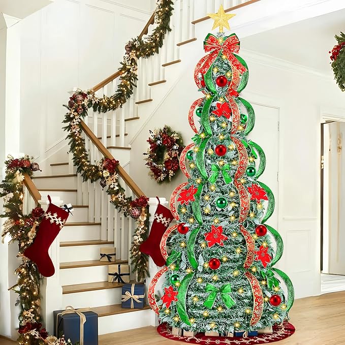 [ 8 Modes & Timer ] 6Ft Prelit Full Pop Up Flocked Pencil Christmas Tree with 200 Warm White LED Lights, Balls, Red & Green Ribbon, Bows, Plug in Collapsible Xmas Tree Outdoor Indoor Christmas Decor