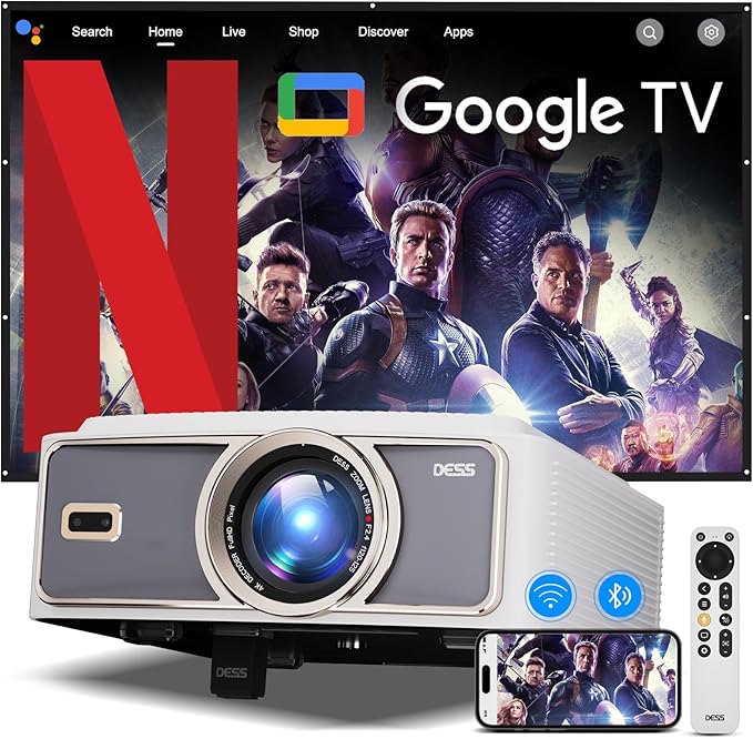 【1500Brightness】Dess 4k Projector,Projector With Wifi 6 And Bluetooth, Movie Proyector with Electric Stand, Smart Projector Outdoor Projector,Auto Focus & Keystone, Native 1080P, High Contrast