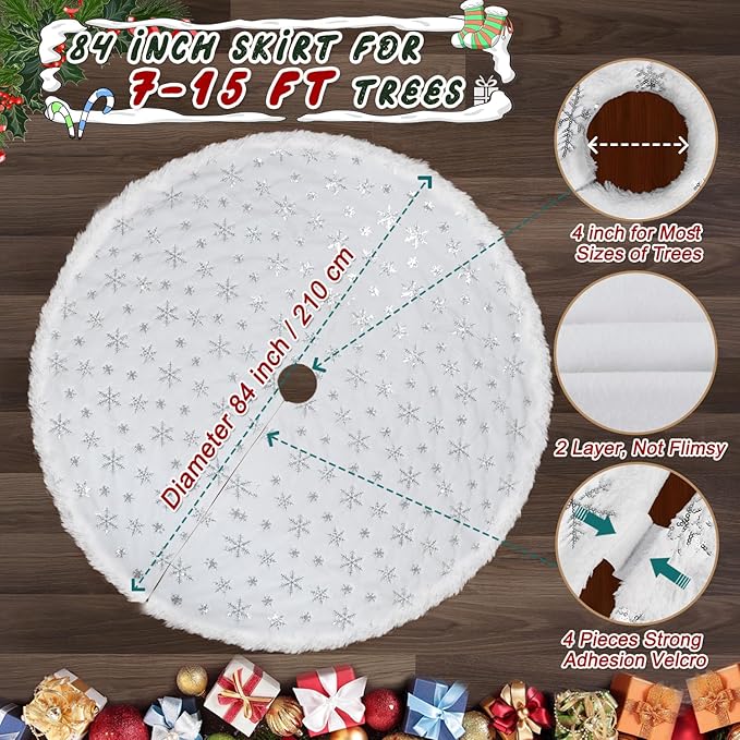 84 Inch Christmas Tree Skirt, Faux Fur Extra Large White Tree Skirt for 7 to 15 ft Xmas Tree, Plush Soft Thickened Mat with Silver Sequin Snowflake for Xmas Tree Decor Reusable Christmas Decorations