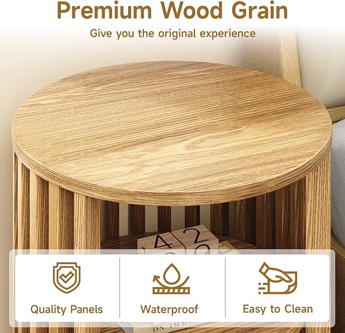 Round End Table, Wood Bedside Table, Mid Century Modern Nightstand with Open Storage Shelf, 3 Tier Small Side Tables for Living Room, Bedroom, Curved Profile Design, Natural Oak(1-Pack)
