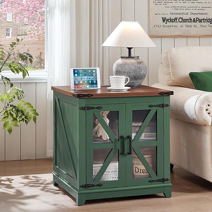 Farmhouse End Table, 24" Large Sofa Side Table with Charging Station Glass Barn Door, Wood Nightstand with Adjustable Storage Shelf, Square Bedside Table for Living Room, Bedroom, Office-Green
