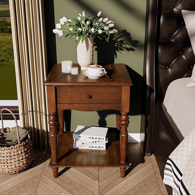 Solid Wood End Table with Drawer and Storage Shelf, Antique Designed Beside Table with Solid Wood Roman Legs, Square Accent Tables with Hand Carved for Living Room, Bedroom Cherry Brown