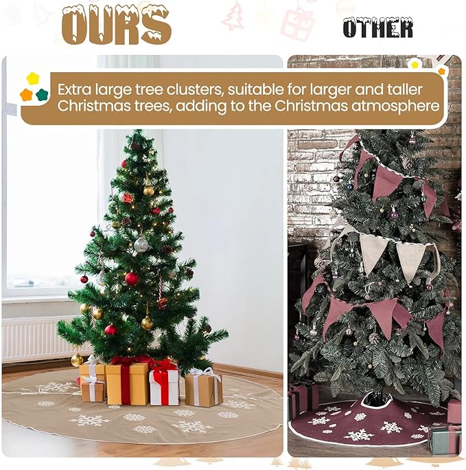 84 Inch Large Christmas Tree Skirt, Burlap Tree Skirt White Snowflake Xmas Mat for Christmas Home Farmhouse Holiday Indoor Outdoor Decoration