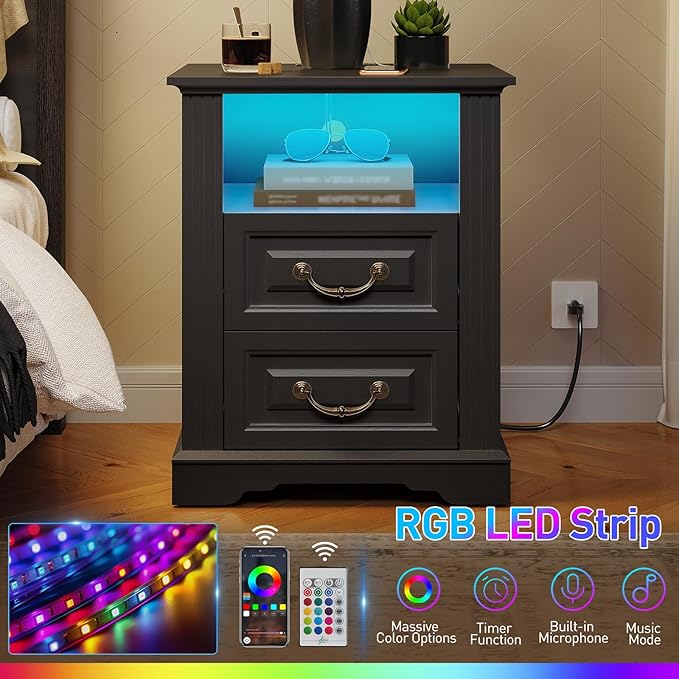 Farmhouse Nightstand with Charging Station, Wooden Night Stand with 2 Drawers, LED Bedside Table, Rustic Sofa Side Table, End Table for Bedroom, Living Room, Black