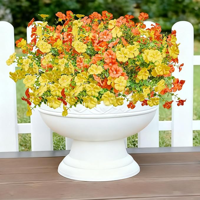 Artificial Flowers Outdoor Indoor Garden Family Porch or Patio Decoration,Faux Flowers,Small Flowers Outdoor Artificial Flowers a Bunch of 12 Orange and Yellow