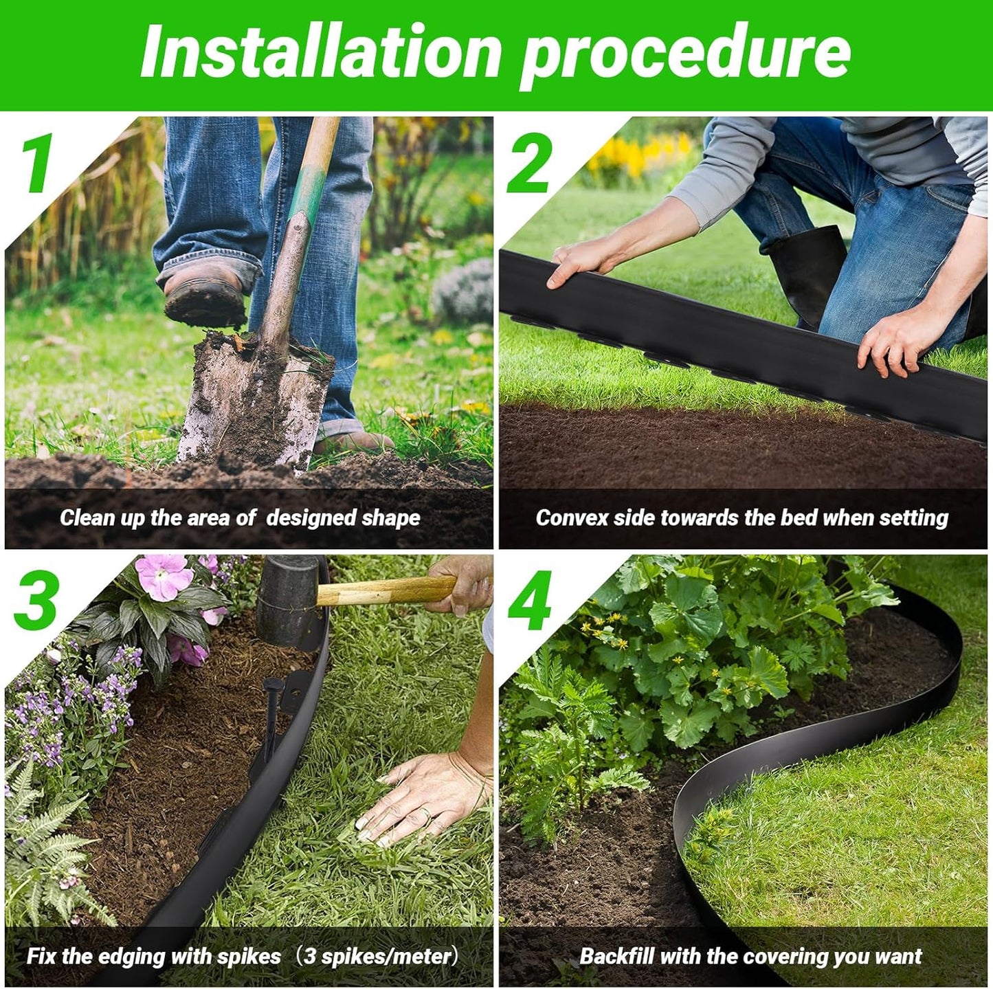 Greaner Landscape Edging, 2 Inch Tall | 40 FT Lawn Edging and Landscape Border, Plastic Edging for Landscaping, Garden Edging Border for Pathway, Yard, Walkway, Patio, Playground(71 Pcs Spikes)