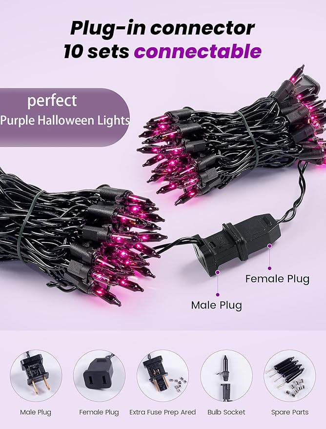 Hopolon Purple Halloween Lights,2PACK 13ft 50Count Halloween Decorations Mini Purple String Lights with Black Wire Waterproof Certified for Indoor Outdoor Christmas Tree Home Party Garden Holiday