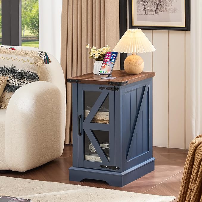 Farmhouse 14'' Side End Table Set of 2, Narrow Night Stand with Glass Barn Door, Storage Bedside Tables, Nightstand Cabinet Organizer for Small Spaces Living Room Bedroom