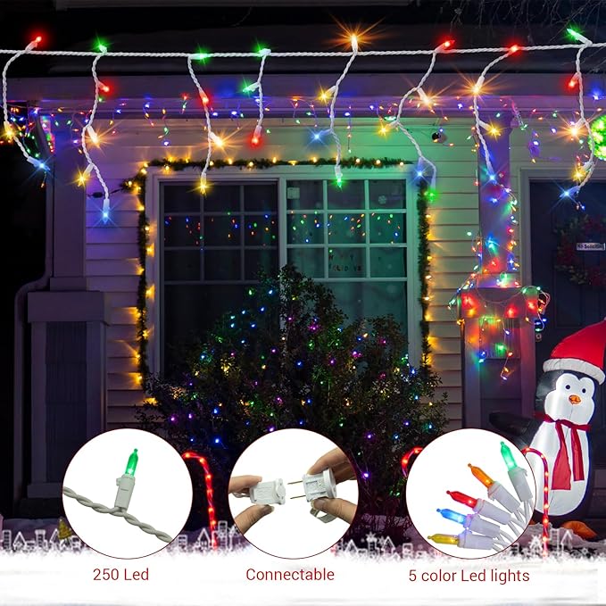 New One Multicolor Icicle Lights with 2 Cord Reels, 2 Pack Totalling 93.4FT, 240 Drops 500 LED Connectable Christmas String Lights with White Wire, Holiday Party (46.7 FT 250 LED 120 Drops for 1 Pack)