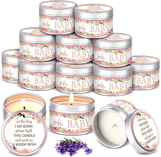 Funtery 12 Pcs Baby Shower Party Favors for Guests Baby Shower Candles Lavender Scented Candle Rustic Tealights Candles Gender Reveal Return Gifts(Floral)