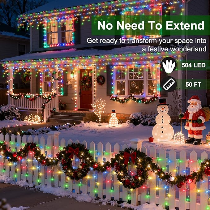 504 LED Christmas Lights with 112 Drops, 50ft 12 Modes Multicolor Fairy String Lights with Timer Dimmable, Waterproof Twinkle Lights for Indoor Outdoor Holiday Wedding Party Eaves Yard Christmas Decor
