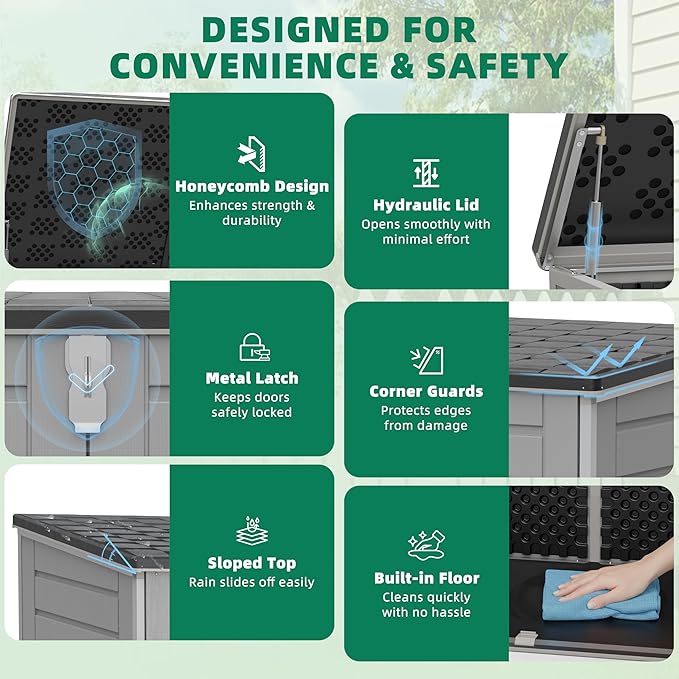 Horizontal Outdoor Trash Can Storage Shed, 304 Gallon Resin Garbage Can Storage Shed with Lockable Doors & Lift Lid, Waterproof Bin Shed for Backyard, Patio & Garden (Gray)