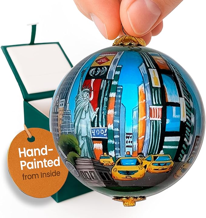 New York City Christmas Ornament Hand Painted from Inside with Decorative Gift Box