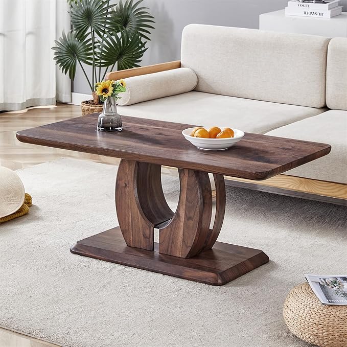 LKTART Rectangle Coffee Table for Living Room, Imitation Marble Coffee Tables with Storage, Modern Stable Base Center Tea Table for Dining Room Small Space Apartment (43.3''L×22.4''W-Walnut)
