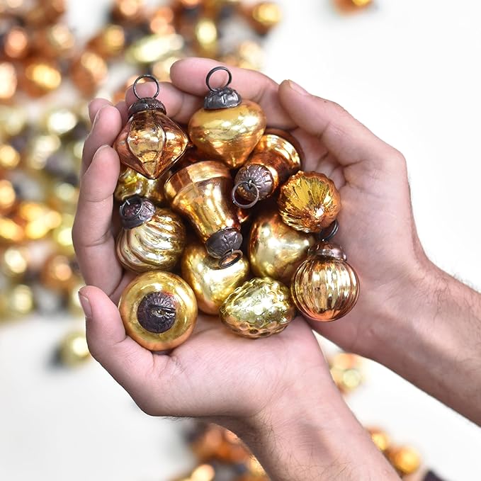 75 Pieces Glass Gold Copper Christmas Ornaments Decorative Mercury Mini Vintage Bulk Hanging Ornaments for Halloween, Christmas Tree, New Year, Valentine Day, Holidays, Event and Wedding Party Decor