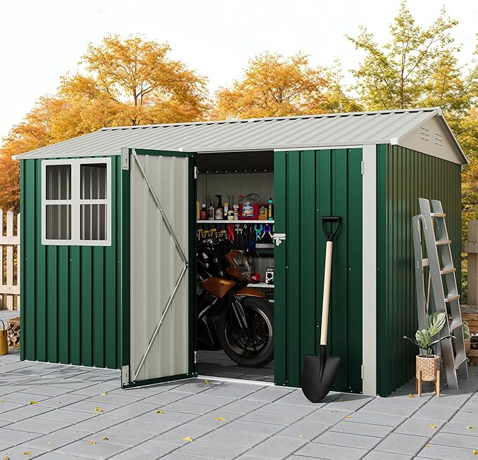 8x10 FT Outdoor Storage Shed,Metal Tool Shed with Clear Window, Lockable Doors,Large Garden Storage Box with Sloping Roof，Sheds&Outdoor Storage for Backyard Garden Patio Lawn, Navy Blue