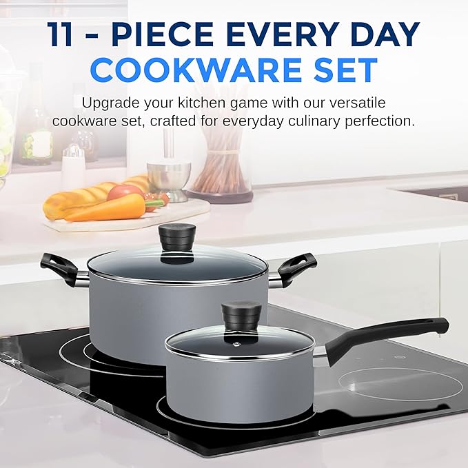 SereneLife Kitchenware Nonstick Cookware set, Non-Stick Coating Inside, Basic Kitchen Pots and Pans set, Heat Resistang Lacquer (11 Piece set), One Size, Gray