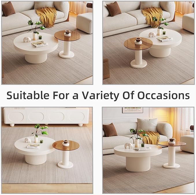 Nesting Coffee Table Set of 2, Round Shape Center & Small Tempered Glass Top Accent Side Table, Modern Home Decor Table Set for Living Room, Bedroom, Office