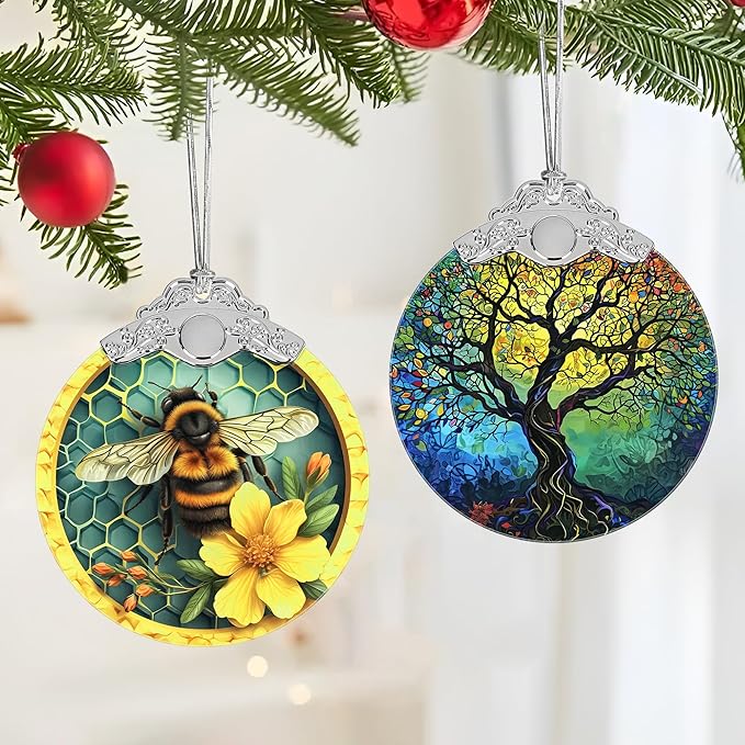 Christmas Decorations Ornaments, Stained Glass Ornament, Christmas Tree Ornaments, 2025 Gift Ornament, Xmas Gift for Friend Family Coworker - Bee