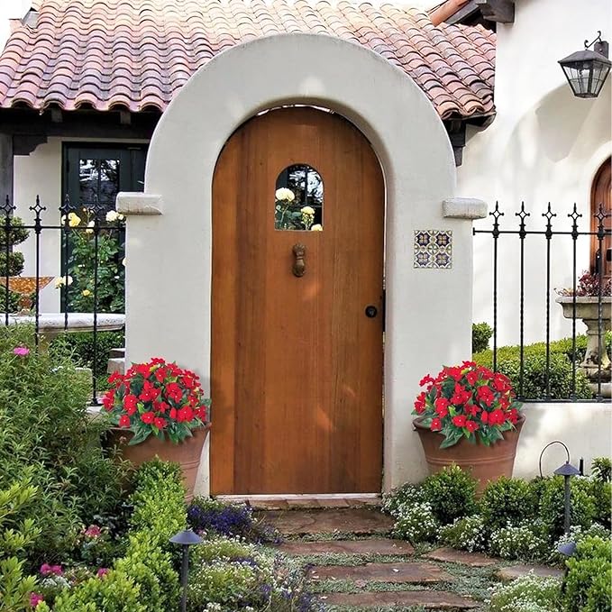 5PCS Artificial Impatiens Bouquet Flowers for Outdoors Silk Faux Flowers for Outdoor Fake Planters UV Resistant Spring Summer Indoor Decor Garden Porch Patio Window Kitchen Balcony, Red