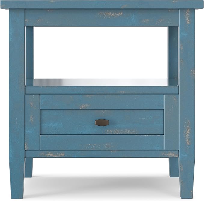 SIMPLIHOME Warm Shaker End Table - 20 inch Wide Solid Wood Square Accent Table in Distressed Coastal Blue, Transitional Side Table for Living Room or Bedroom with Drawer, Open Shelf and Tapered Legs
