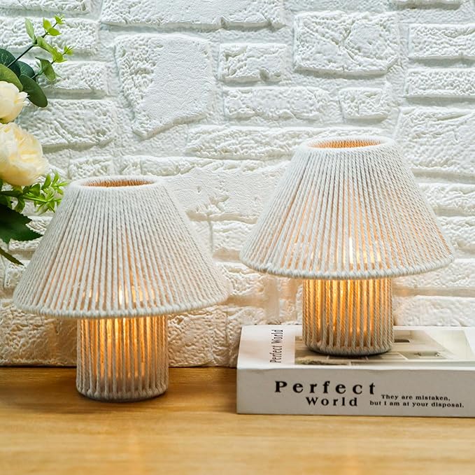 TRIROCKS Woven Cotton Rope LED Cordless Table Lamp Set of 2, 7'' Tall Battery Operated Desk Lamp, Boho Bedside Lamps Great for Living Room Bedroom Weddings Parties Patio Events