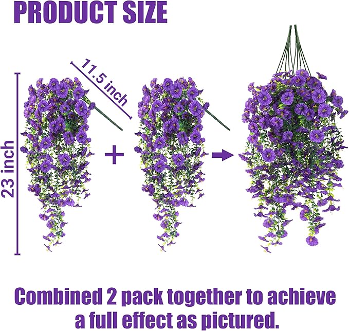 Sggvecsy Artificial Fake Hanging Flowers Plants for Outdoor Outside Spring Summer Decoration 2PCS Faux Silk UV Resistant Realistic Morning Glory with Eucalyptus for Home Porch Patio Balcony(Purple)