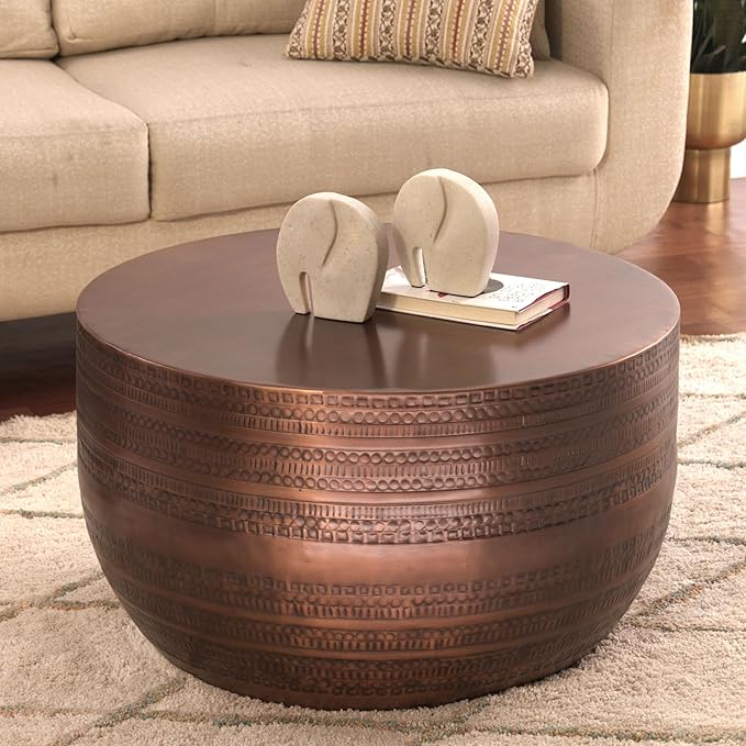 Modern Round Aluminum Hammered Embossed Texturing Metal Drum Coffee Table, Hand-Stamped Iron, Boho Accent Cylinder Drum Coffee Table, Cocktail Table, for The Living Room and Bedroom, Copper