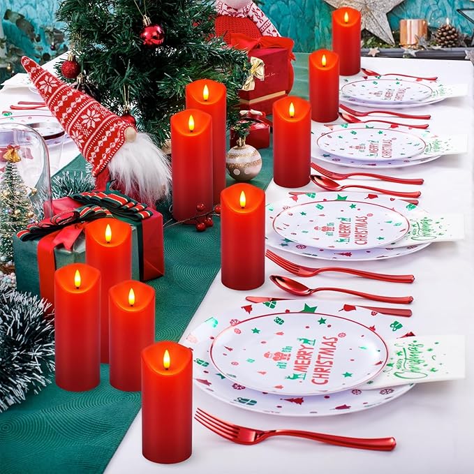 24-Pack Red Flameless LED Candles with Remote - Realistic Flickering Battery - Operated Pillar Candles for Christmas, Home Decor, Weddings, Parties.