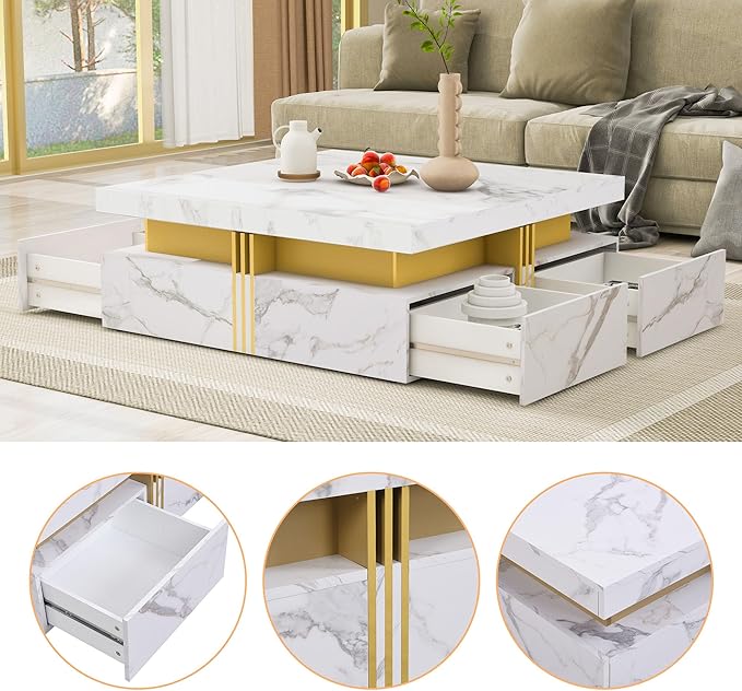 Merax 43.3" Modern Square Storage Coffee Table with 4 Drawers, with Marbling Gold Accents, Functional Center Tables for Living Room Apartment, White