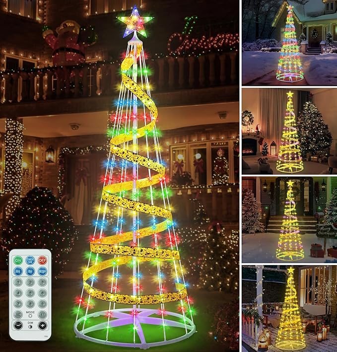[11 Modes & Timer] 6 FT LED Christmas Tree Cone Lights Color Changing, 180 LED Outdoor Christmas Cone Tree with 11 Modes Timer Remote for Indoor Outside Yard Porch Xmas Decor Multicolor & Warm White