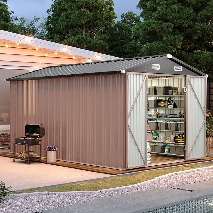 Aoxun 12x7.5 FT Shed Outdoor Storage Shed with Spacious Door Large Sheds with Double Lockable Door Galvanized Metal Shed for Garbage Can, Bike, Mower, Brown