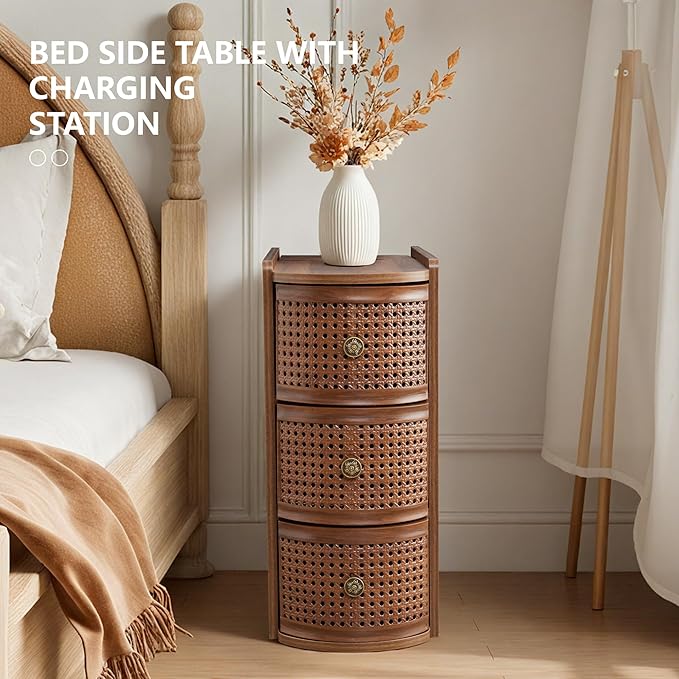Metal Rattan Narrow End Table with Charging Station Set of 2, Farmhouse Side Table with Drawers Storage, Small Night Stand with Power Outlets and USB Ports, Sofa Side Table for Living Room - Walnut