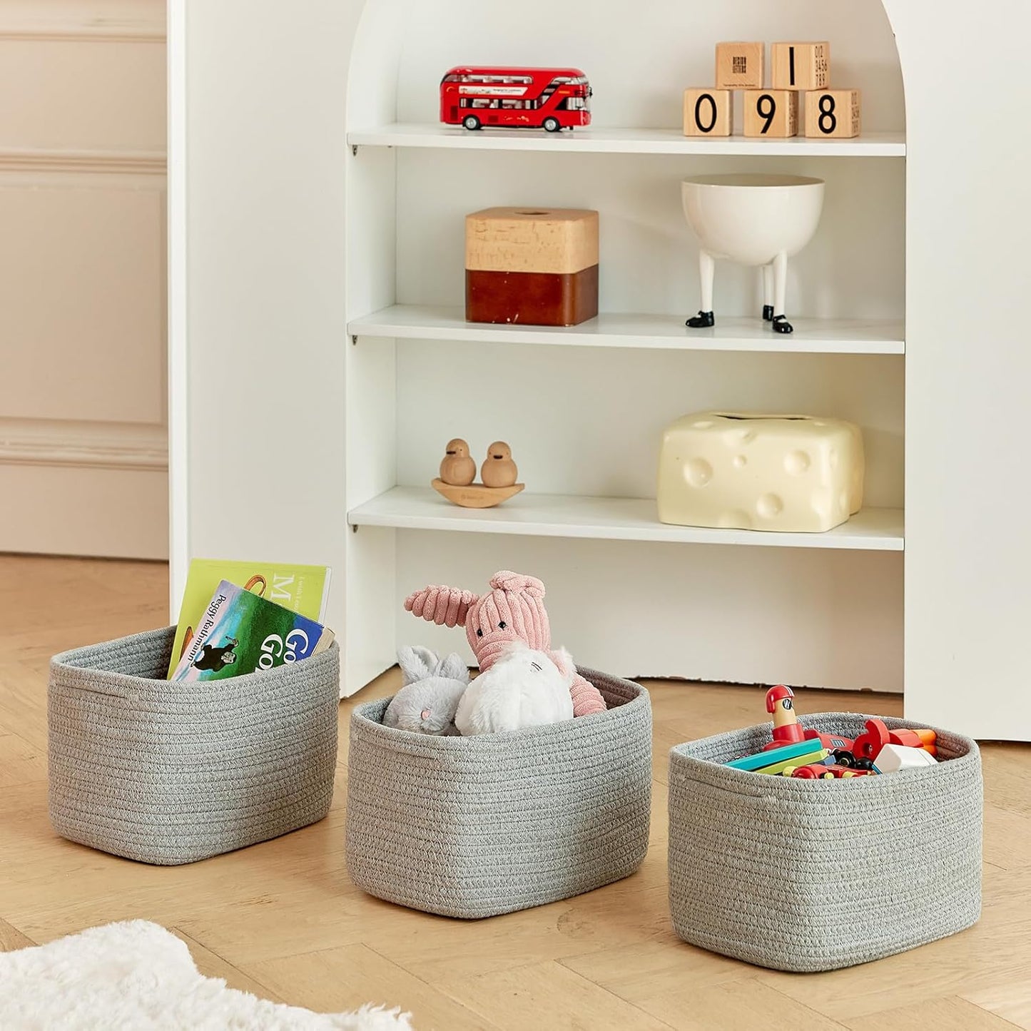 Small Baskets Set of 3-11"x7"x7" Perfect Toy Baskets for Storage, Ideal Storage Basket for Cube, Towels, and More - Basket for Shelves （Grey)