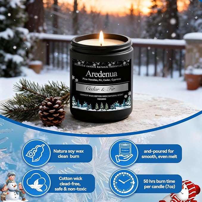 Cedar & Fir Candle – Winter Candles | Holiday Scented Candles, 7oz Jar Soy Candle for Home Scented - 50H Burn - Evergreen Forest & Fresh Pine Scent, Christmas Gifts for Women & Men