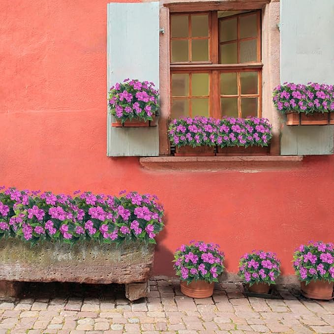 5PCS Artificial Impatiens Bouquet Flowers for Outdoors Silk Faux Flowers for Outdoor Fake Planters UV Resistant Spring Summer Indoor Decor Garden Porch Patio Window Kitchen Balcony, Purple