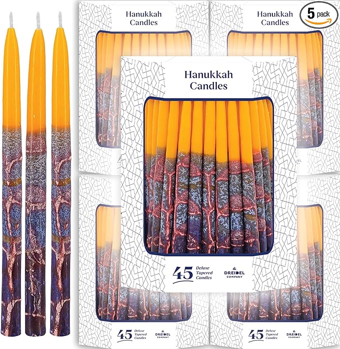 The Dreidel Company 5-Pack Dripless Chanukah Hanukkah Candles Decorative Purple, Blue, Orange, with Orange Frosted Stripes, 45 Candles per Box