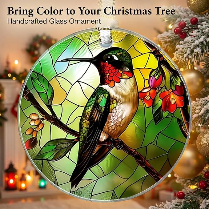 Christmas Ornaments 2025, Stained Glass Christmas Tree Decorations, Exchange for Women, Men, Collectible Dated Year Ornaments for Tree - Glass Hanging Ornament（Hummingbird）