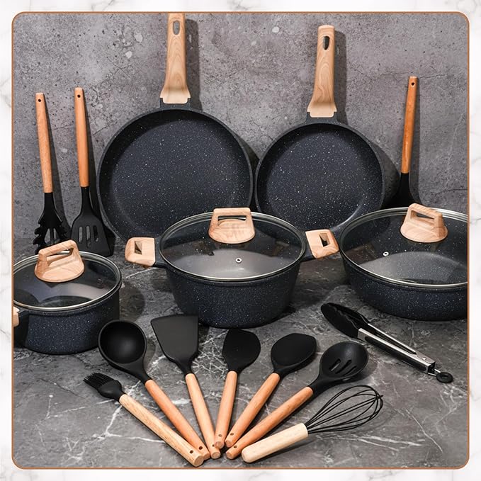 20 Pcs Pots and Pans with Silicone Kitchen Utensils Set Non Stick Cookware Granite Cooking Kitchen Spatula Set with Holder(Black)