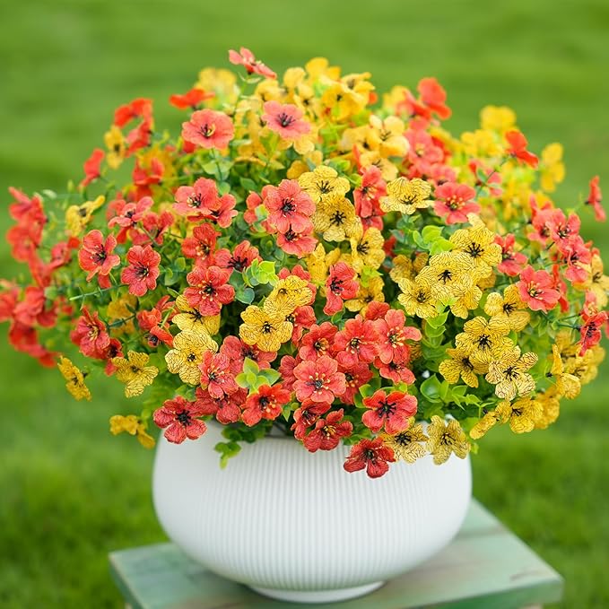 Artificial Fall Flowers for Outdoor Indoor Realistic Faux Flower Garden Home Decoration, Hanging Autumn Fall Decor Daisy with Eucalyptus Leaves Fake Plants Greenery Porch Patio Front Door Decors