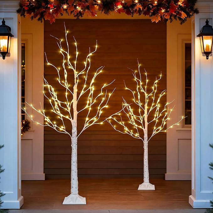 Dazzle Bright 2 Pack Lighted Birch Tree, 4 FT Total 96 LED Pre-lit Artificial Christmas Tree with Timer, Christmas Decorations Indoor Outdoor for Home Garden Party Thanksgiving Decor, Warm White