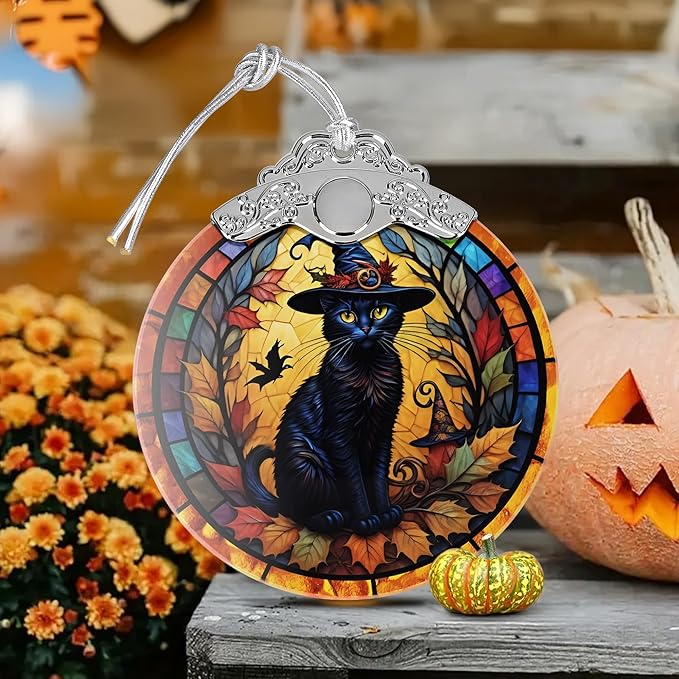 2025 Ornaments for Christmas Tree, Zmoicky Stained Glass Hanging Ornament, Christmas Ornaments Clearance, Gift Exchange Ornament, Bauble Present - Witch's Black Cat