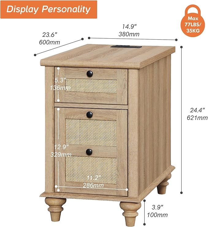 WAMPAT Rattan End Table with Charging Station, Farmhouse Bedside Table with Solid Wood Leg, Narrow Side Table with Drawer & Power outlets USB Ports for Bedroom, Living Room, Oak