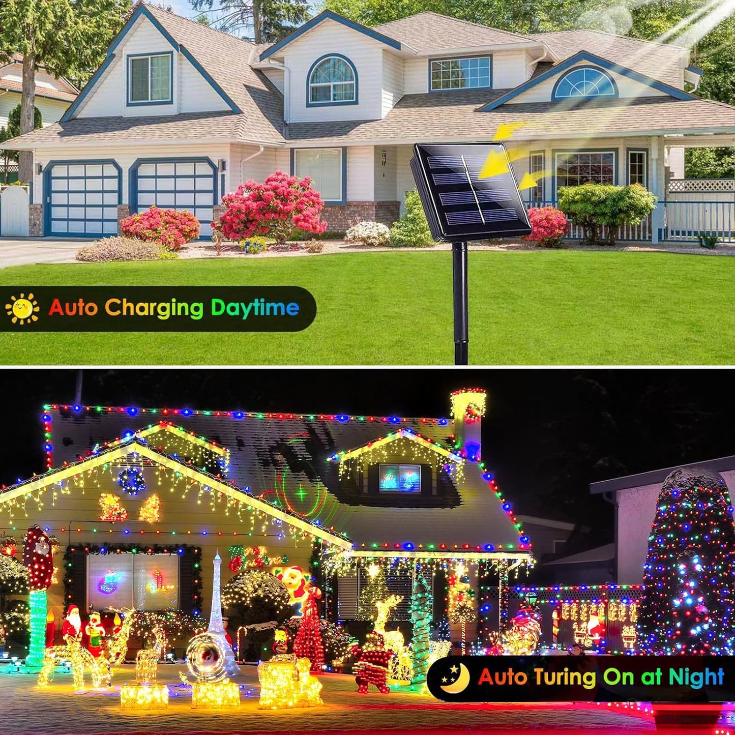 Multicolored Solar String Lights Outdoor Waterproof, 2-Pack Each 72FT 200LED Solar LED Fairy Lights Copper Wire 8 Modes Solar Twinkle Light for Garden Xmas Tree Party Wedding Decorations