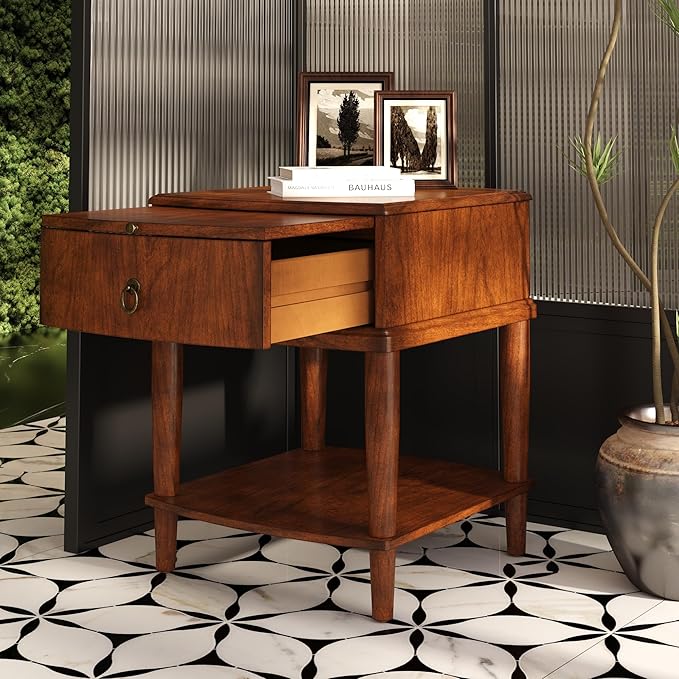 2-Set Traditional Wood End Table with Drawer and Storage Shelf, Hardwood Beside Table with Pull-Out Divider, Modern Vintage Sofa Chair Side Table Nightstand for Living Room Bedroom, Cherry Brown