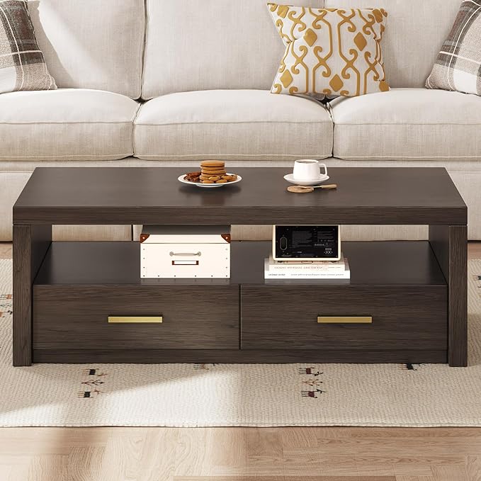 Coffee Table with Storage, 4 Storage Drawers Mid-Century Modern Rectangular Center Table, Retro Tea Table with Open Display Area for Bedroom, Living Room